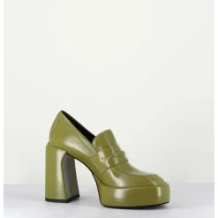 Mocassins A Plateforme En Cuir Vert Kaki - E3301 Erba