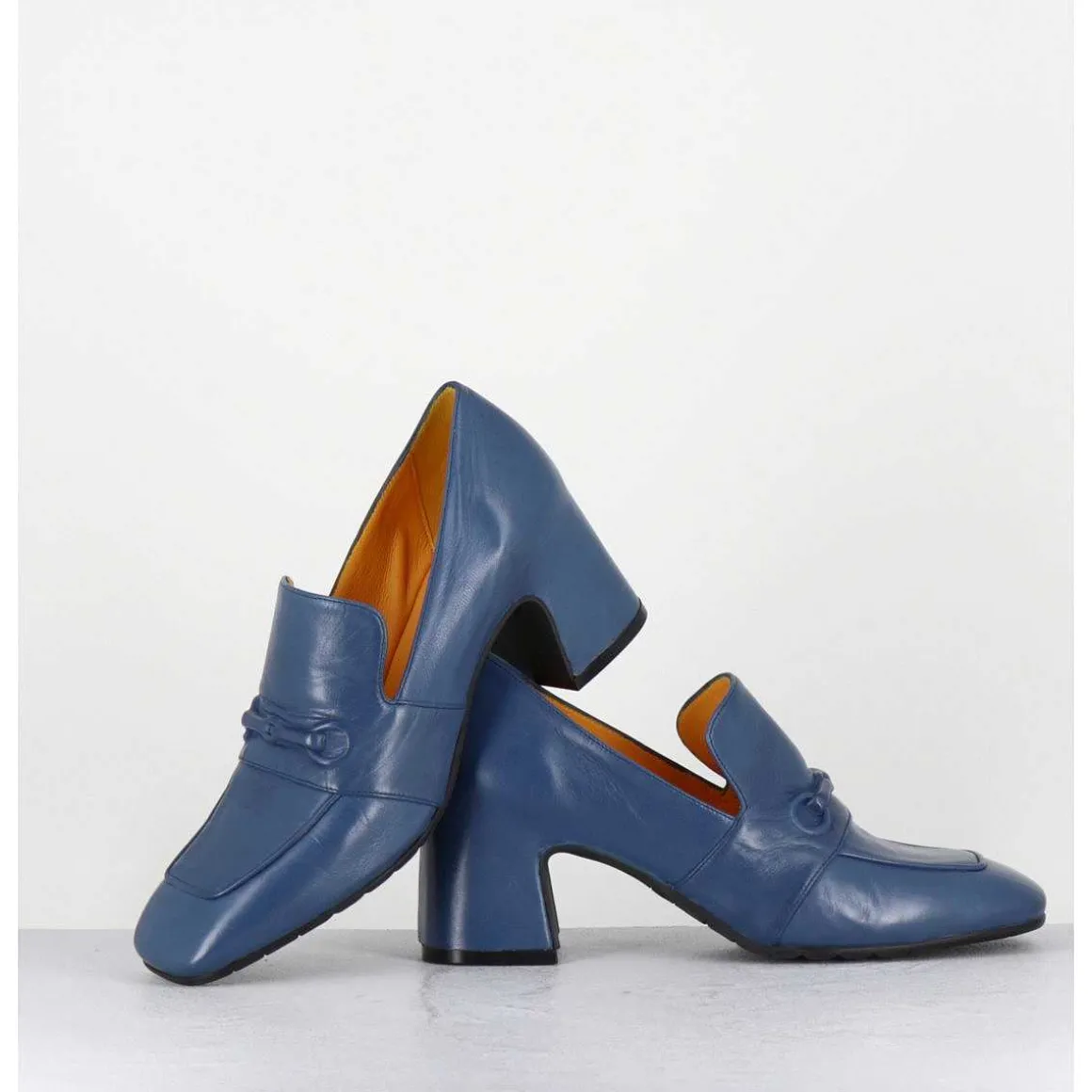 Mocassins A Talon En Cuir Souple Bleu Jean - F511 Seta Jeans
