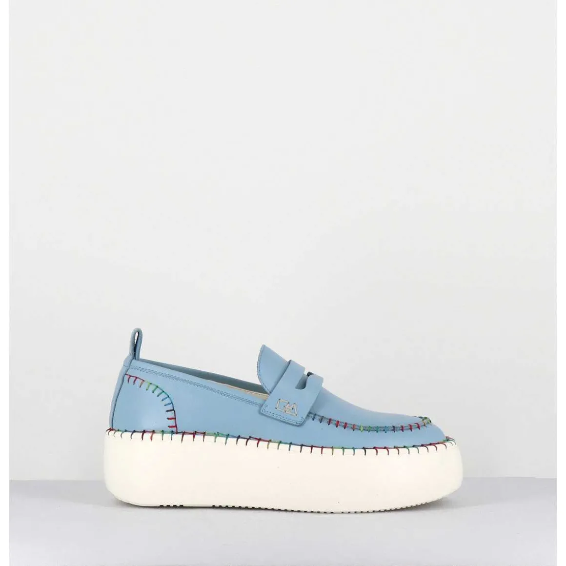Mocassins En Cuir Bleu Avec Surpiqures Multico - A66C Happy Blu