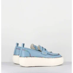 Mocassins En Cuir Bleu Avec Surpiqures Multico - A66C Happy Blu