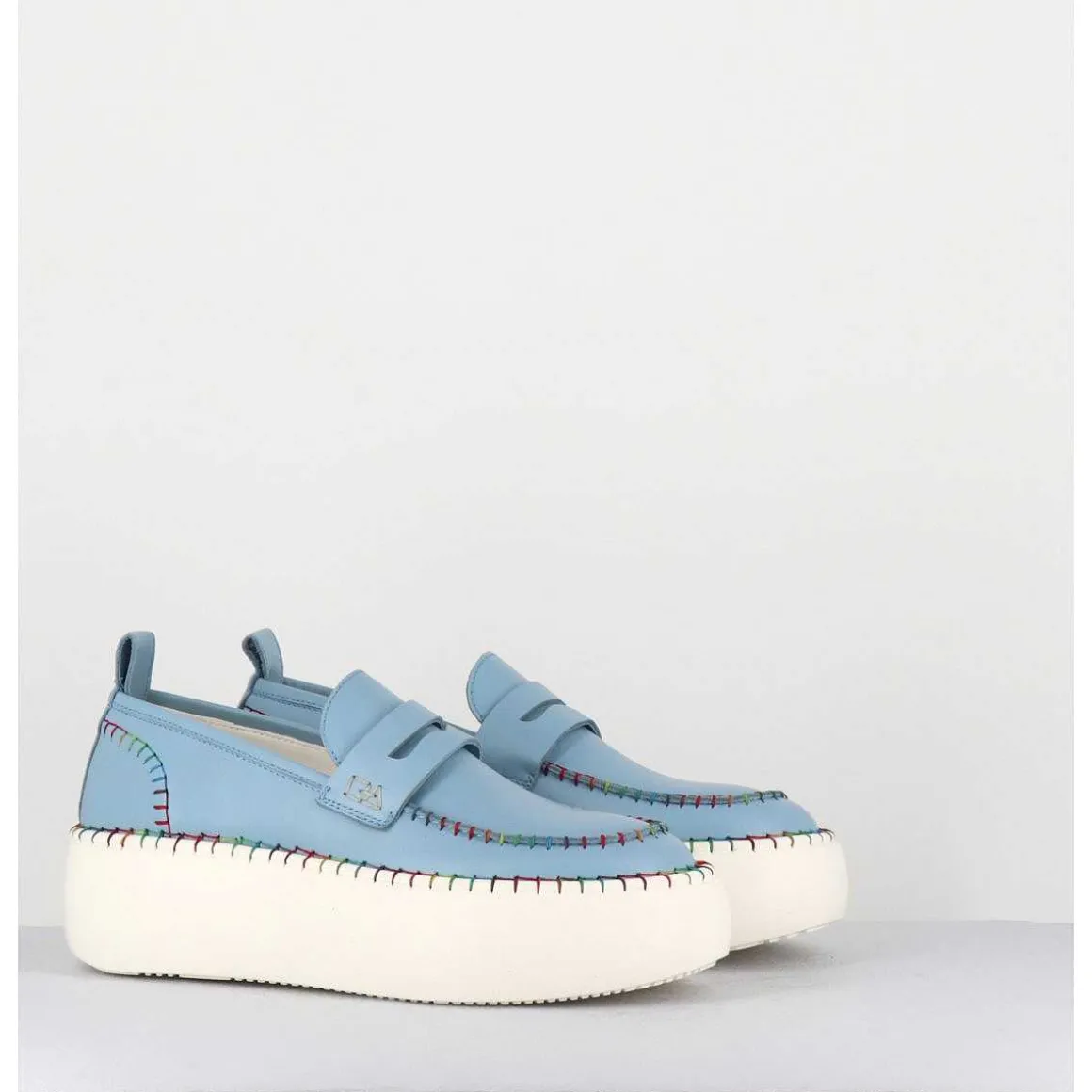 Mocassins En Cuir Bleu Avec Surpiqures Multico - A66C Happy Blu