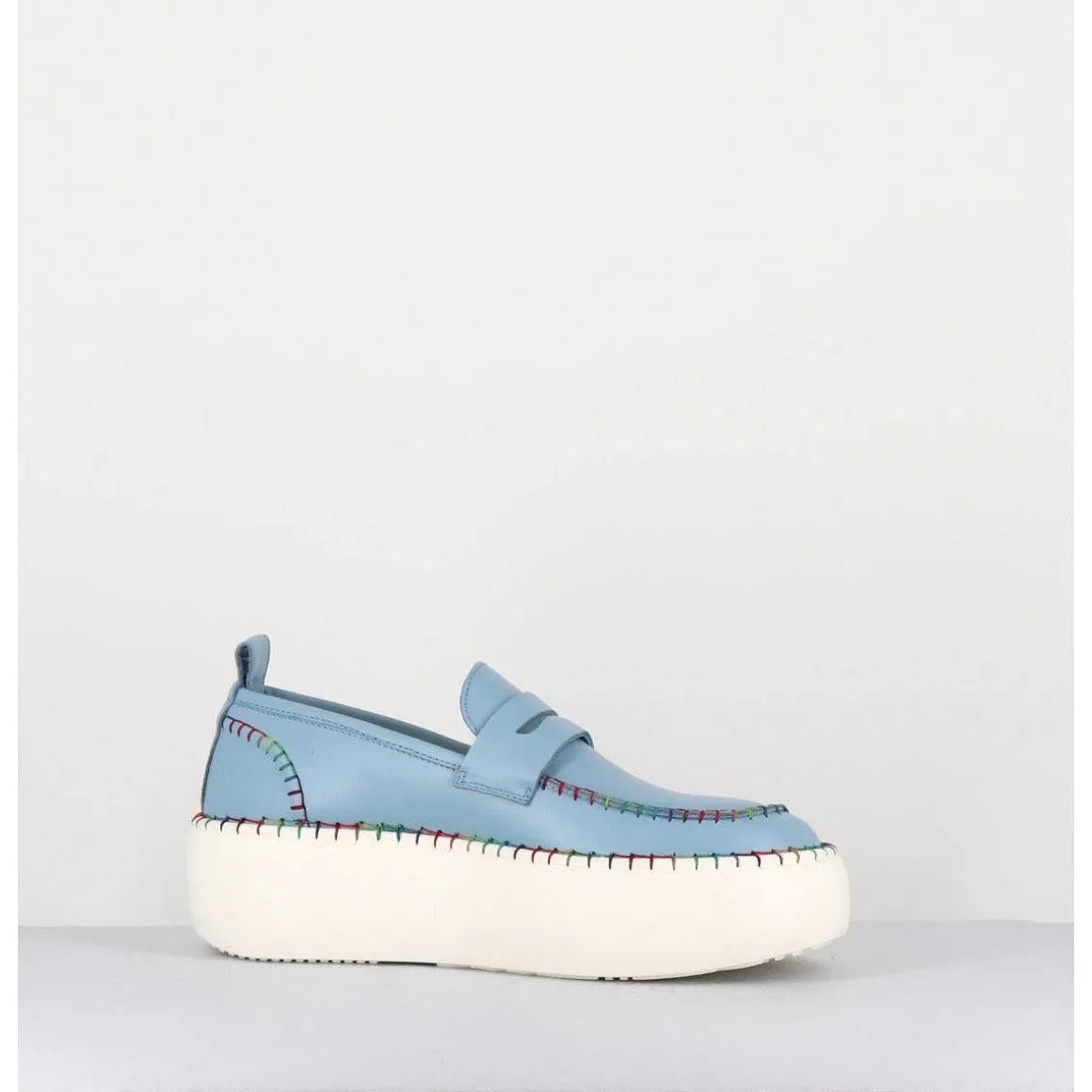 Mocassins En Cuir Bleu Avec Surpiqures Multico - A66C Happy Blu