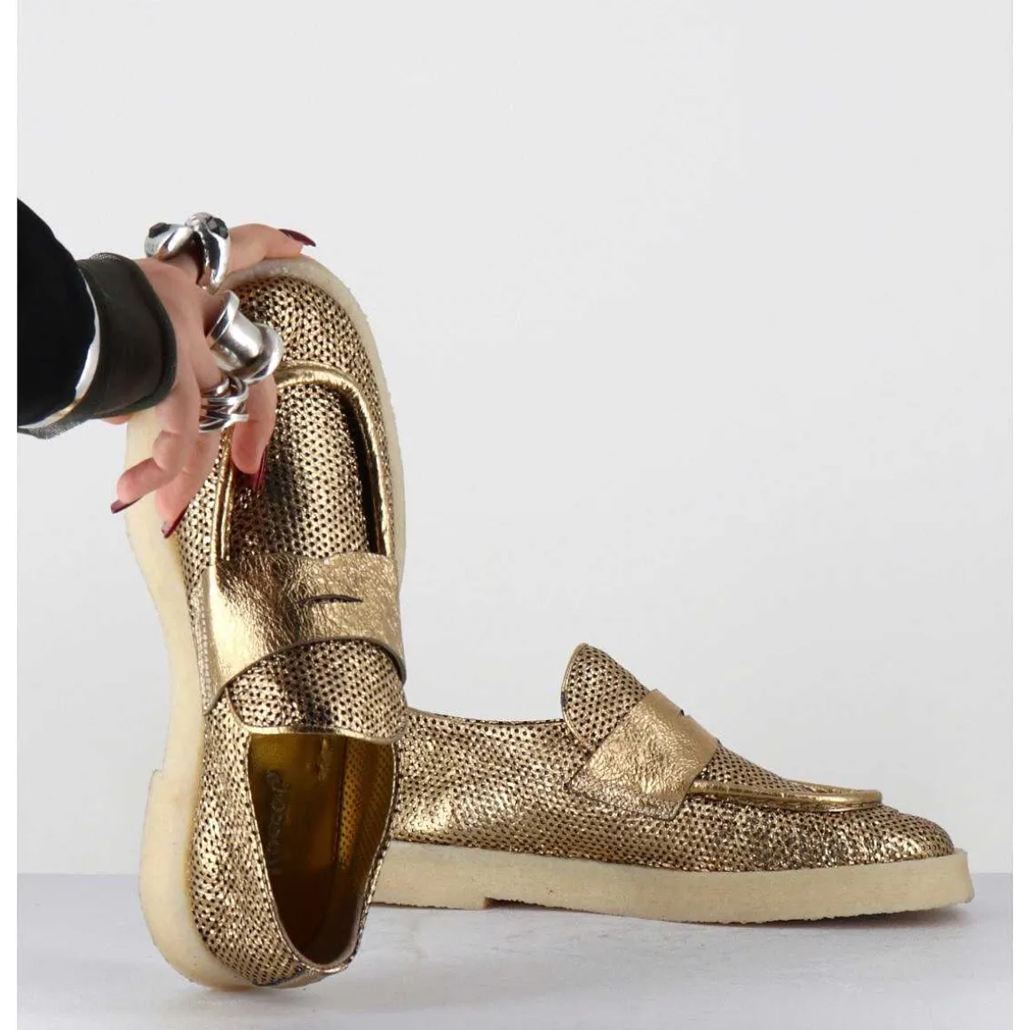 Mocassins En Cuir Metallise Dore & Crepe - 10816 Terenz Mekong