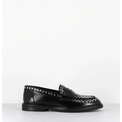 Mocassins En Cuir Noir & Rivets Argent Semelle Gomme - Aversa Abra Nero