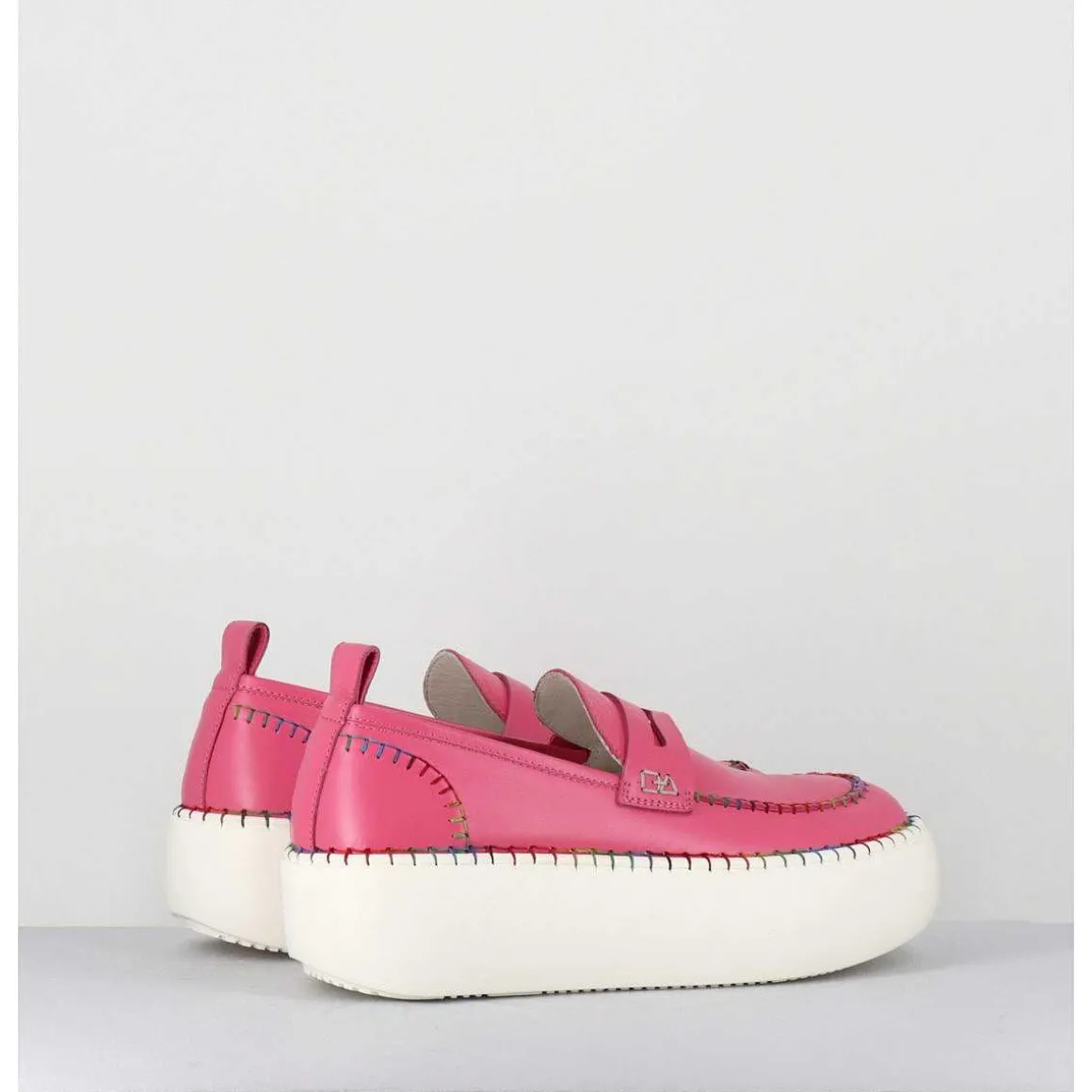 Mocassins En Cuir Rose Avec Surpiqures Multico - A66C Happy Rosa