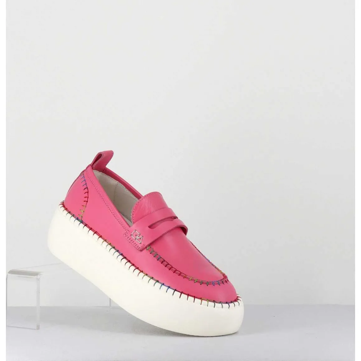 Mocassins En Cuir Rose Avec Surpiqures Multico - A66C Happy Rosa
