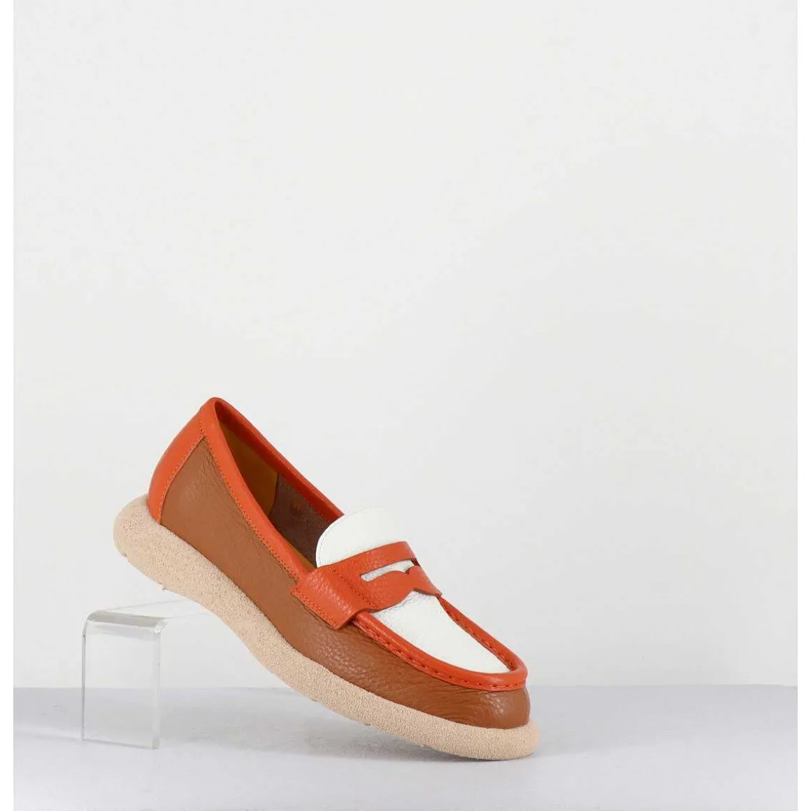 Mocassins Legers En Cuir Graine Orange Beige - S146 Cuoio Panna