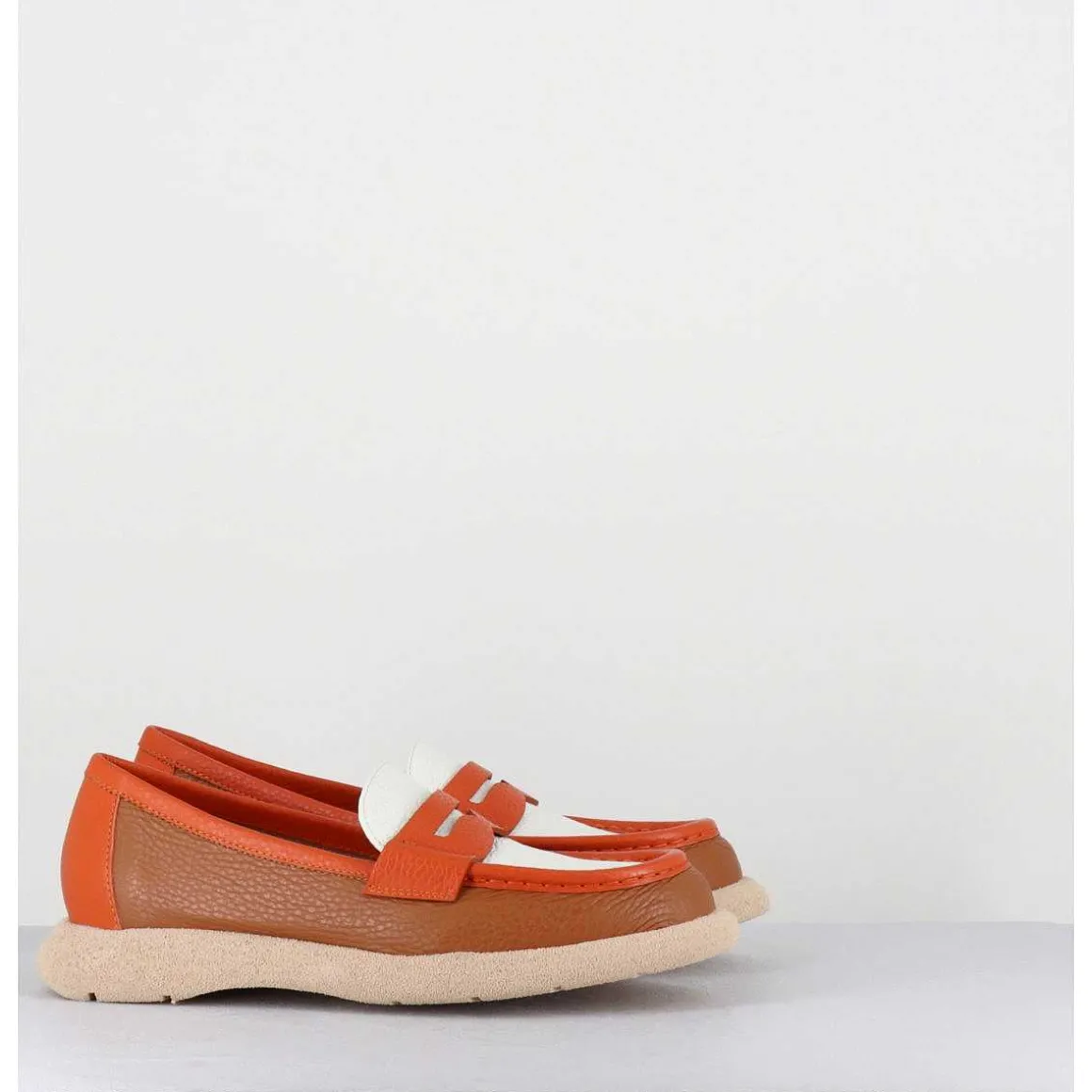 Mocassins Legers En Cuir Graine Orange Beige - S146 Cuoio Panna