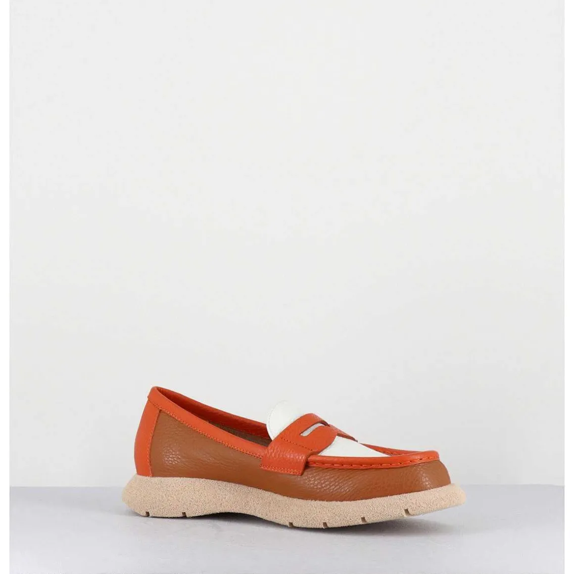 Mocassins Legers En Cuir Graine Orange Beige - S146 Cuoio Panna