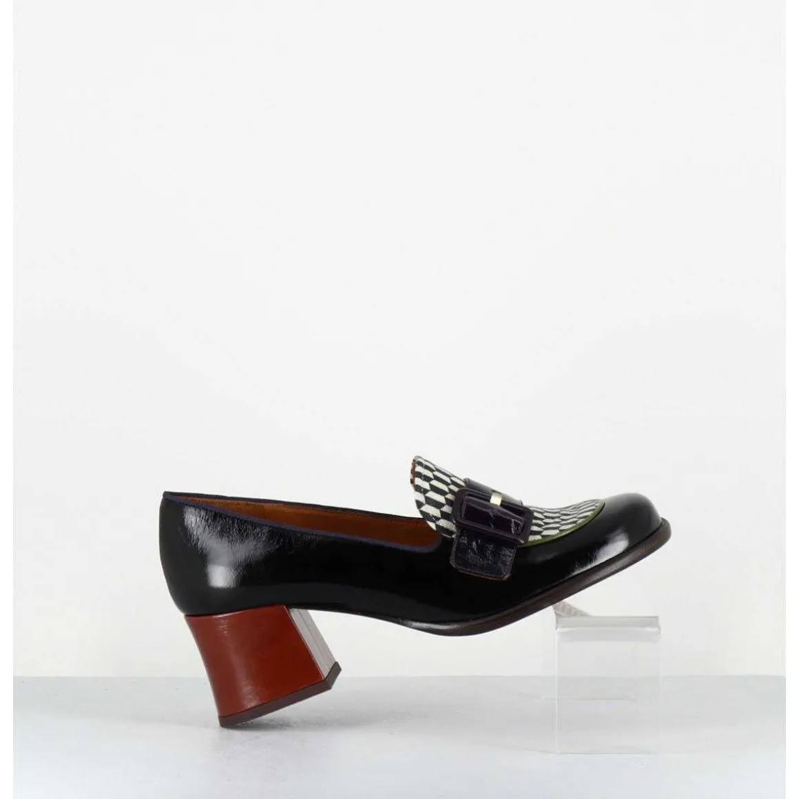 Mocassins Petit Talon Cuir Multi & Imprime Damier - Meisin44 Maserati Negro