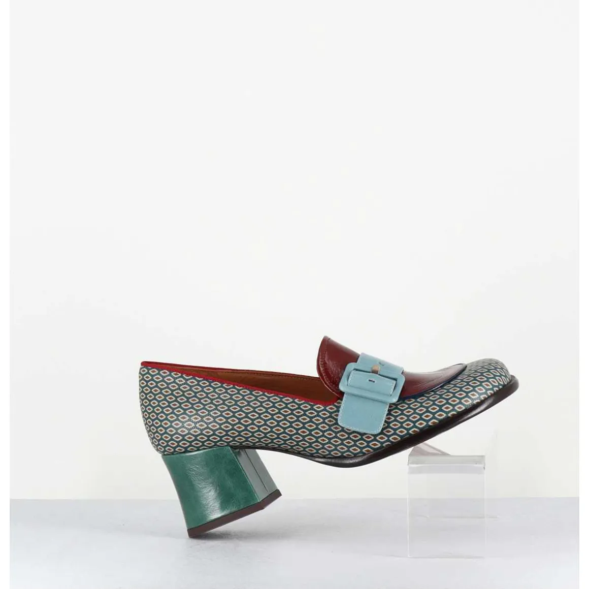 Mocassins Petit Talon Cuir Imprime Retro Multi - Meisin44 Shower Blue