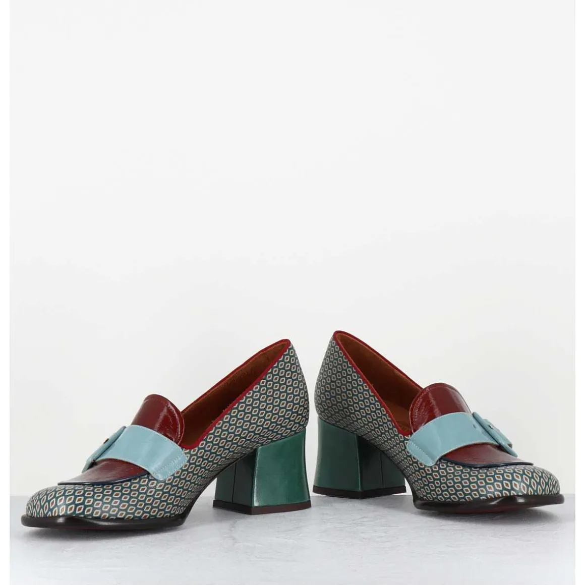 Mocassins Petit Talon Cuir Imprime Retro Multi - Meisin44 Shower Blue
