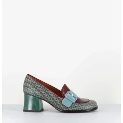 Mocassins Petit Talon Cuir Imprime Retro Multi - Meisin44 Shower Blue