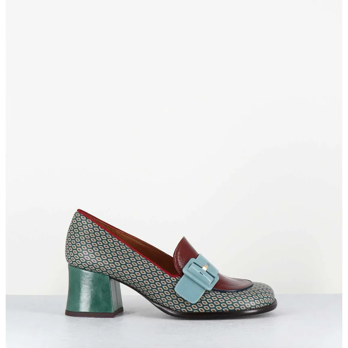 Mocassins Petit Talon Cuir Imprime Retro Multi - Meisin44 Shower Blue