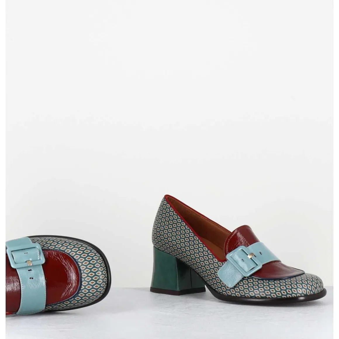 Mocassins Petit Talon Cuir Imprime Retro Multi - Meisin44 Shower Blue