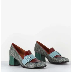 Mocassins Petit Talon Cuir Imprime Retro Multi - Meisin44 Shower Blue