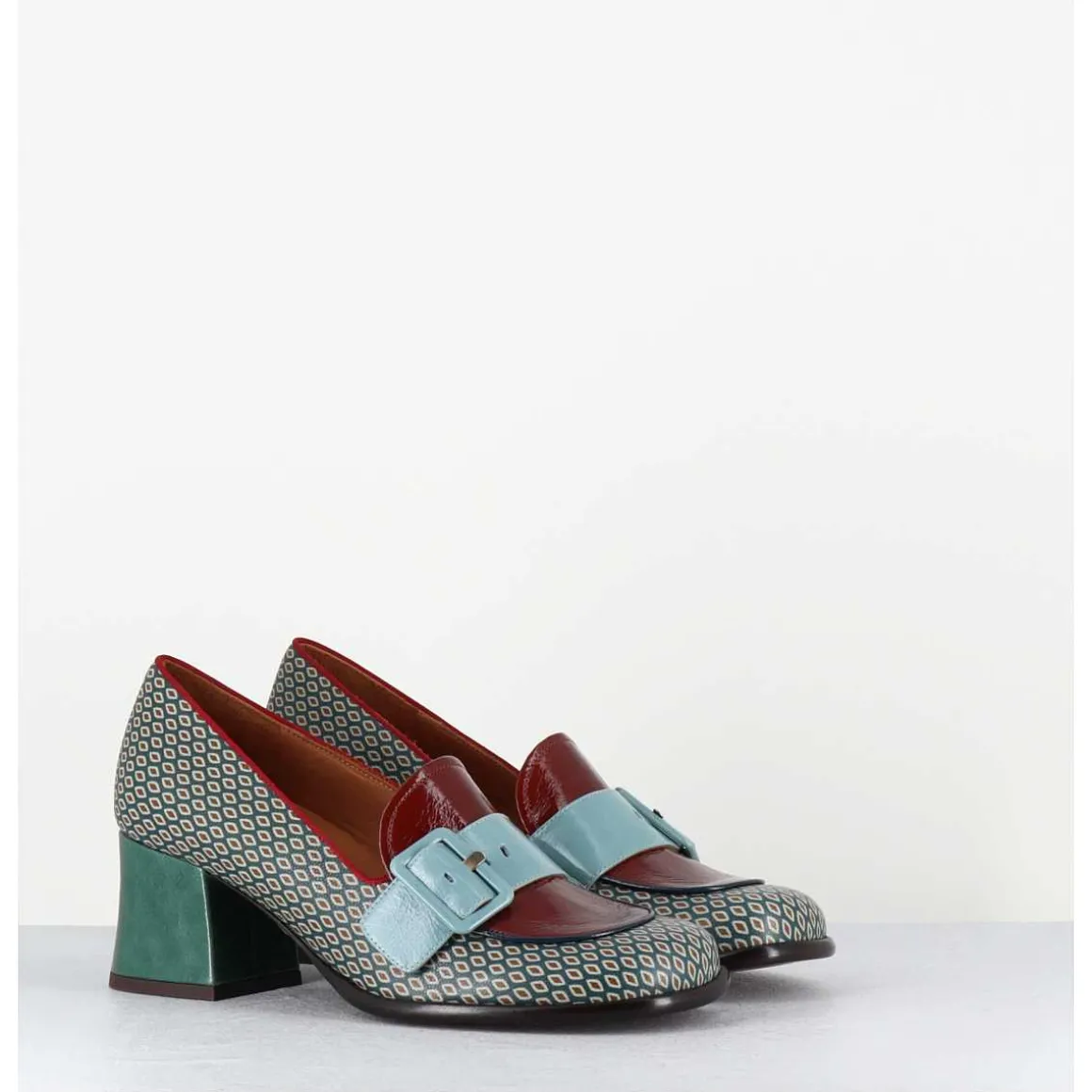 Mocassins Petit Talon Cuir Imprime Retro Multi - Meisin44 Shower Blue
