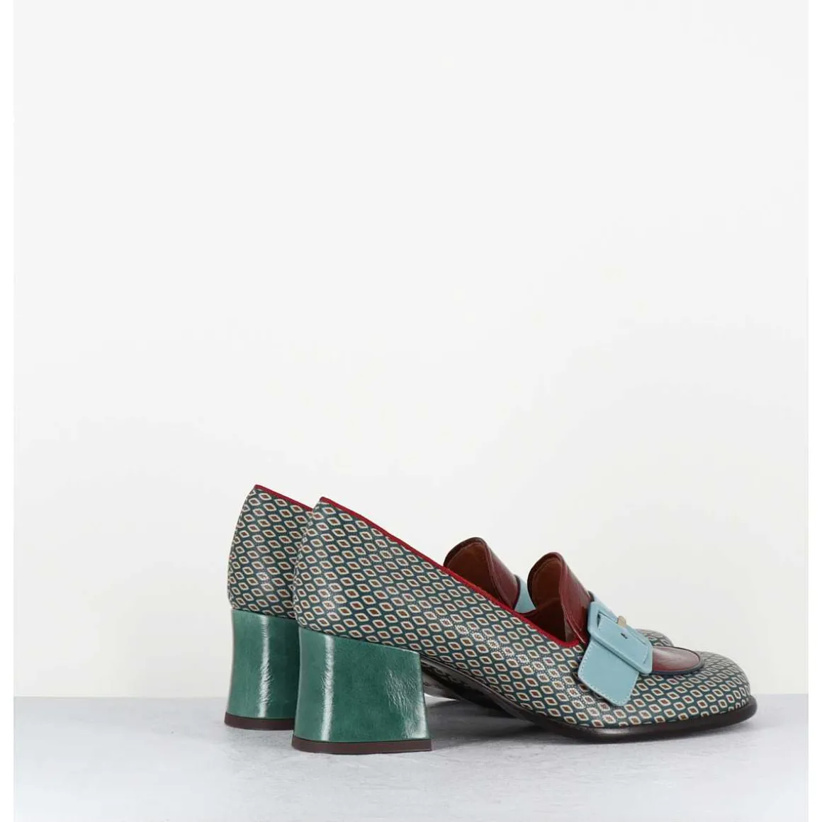 Mocassins Petit Talon Cuir Imprime Retro Multi - Meisin44 Shower Blue
