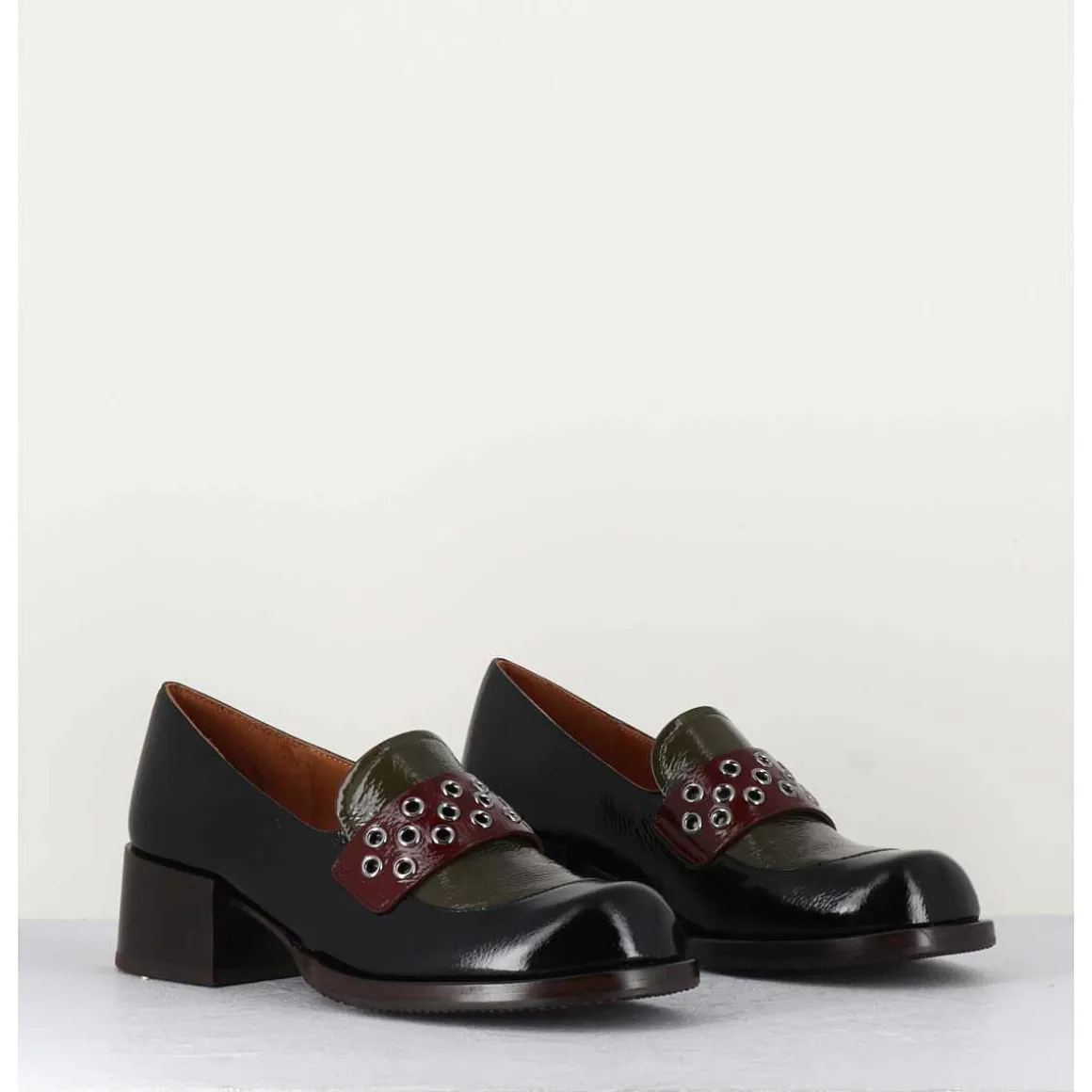 Mocassins Petit Talon Cuir Noir/Marron/Vert - Toben Negro Hunt