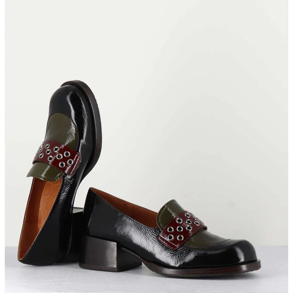 Mocassins Petit Talon Cuir Noir/Marron/Vert - Toben Negro Hunt