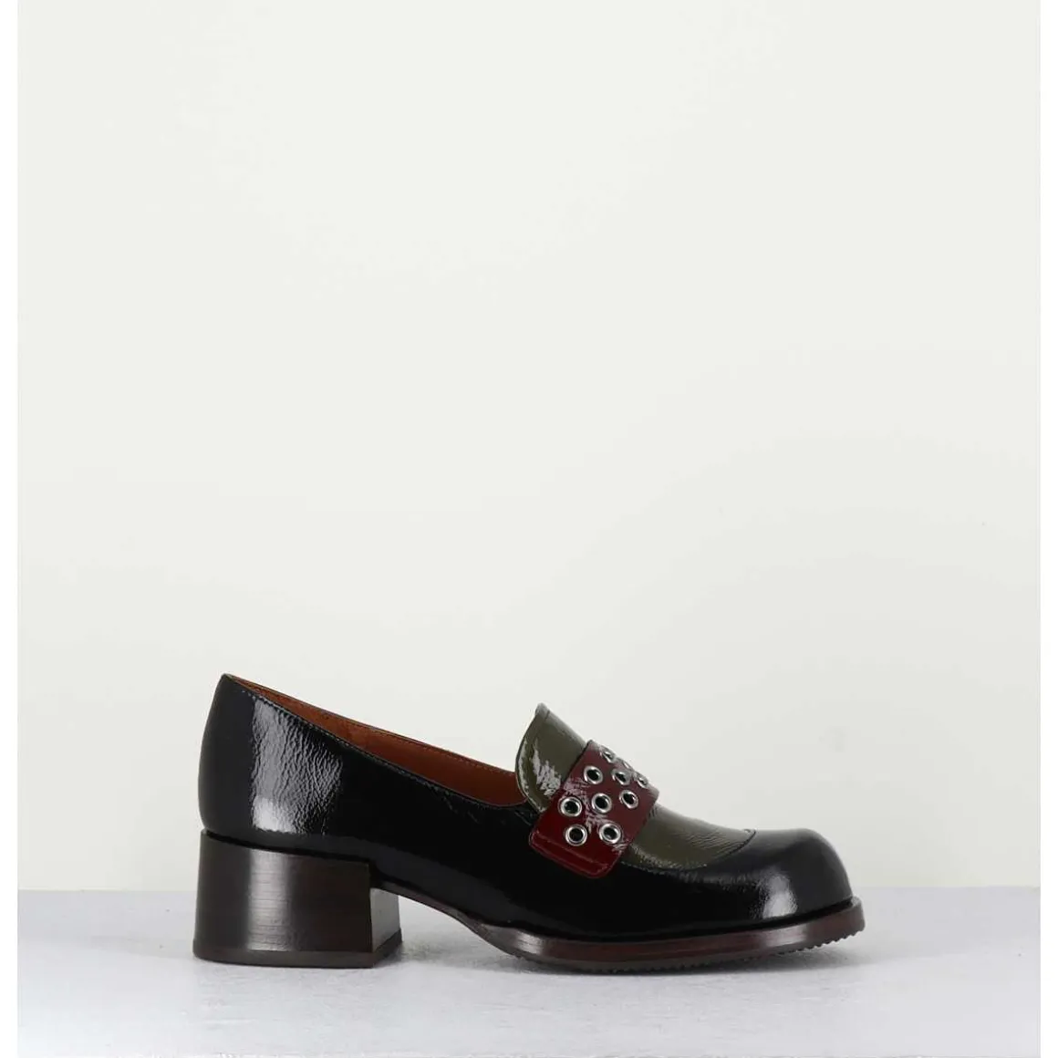 Mocassins Petit Talon Cuir Noir/Marron/Vert - Toben Negro Hunt
