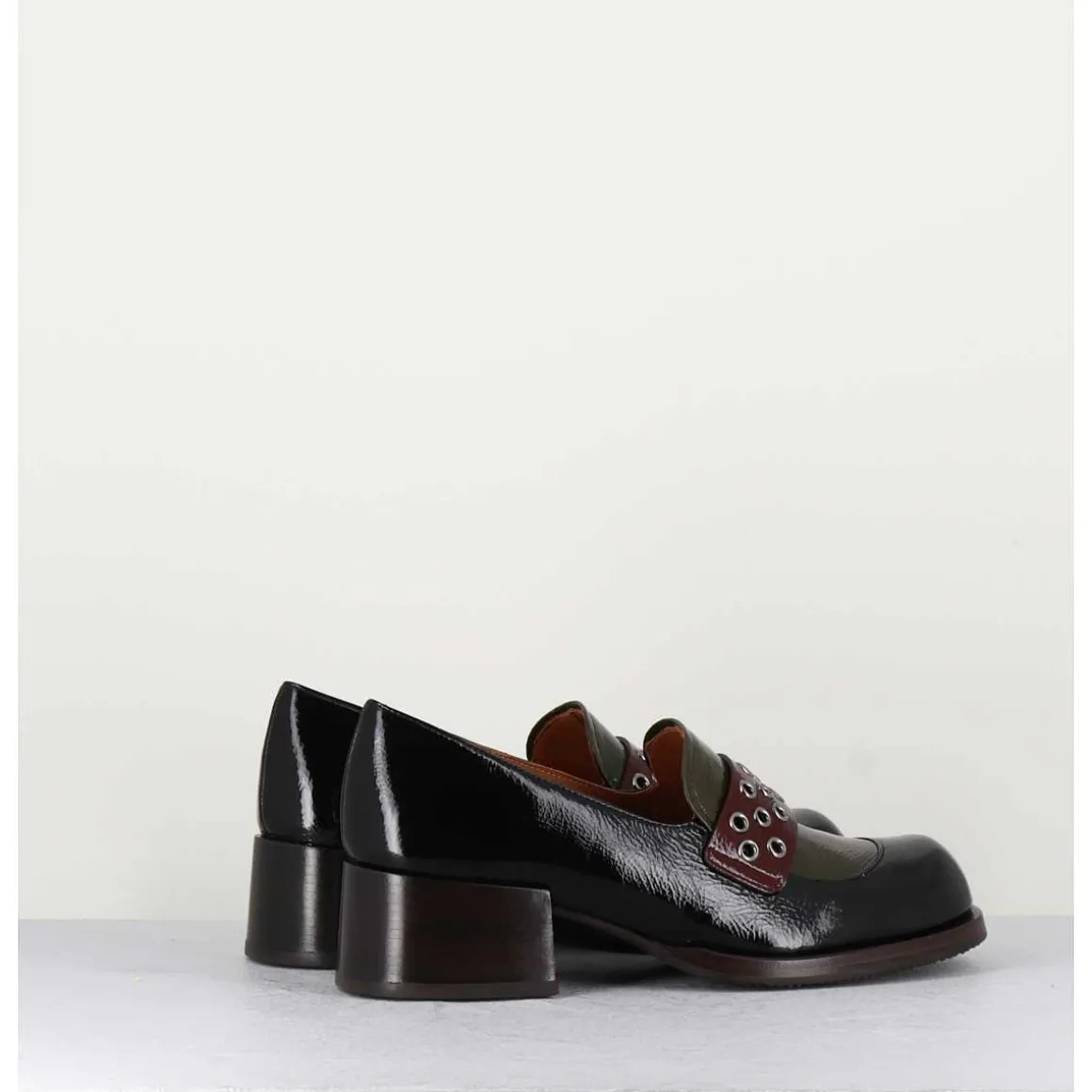 Mocassins Petit Talon Cuir Noir/Marron/Vert - Toben Negro Hunt