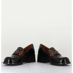 Mocassins Petit Talon Cuir Noir/Marron/Vert - Toben Negro Hunt
