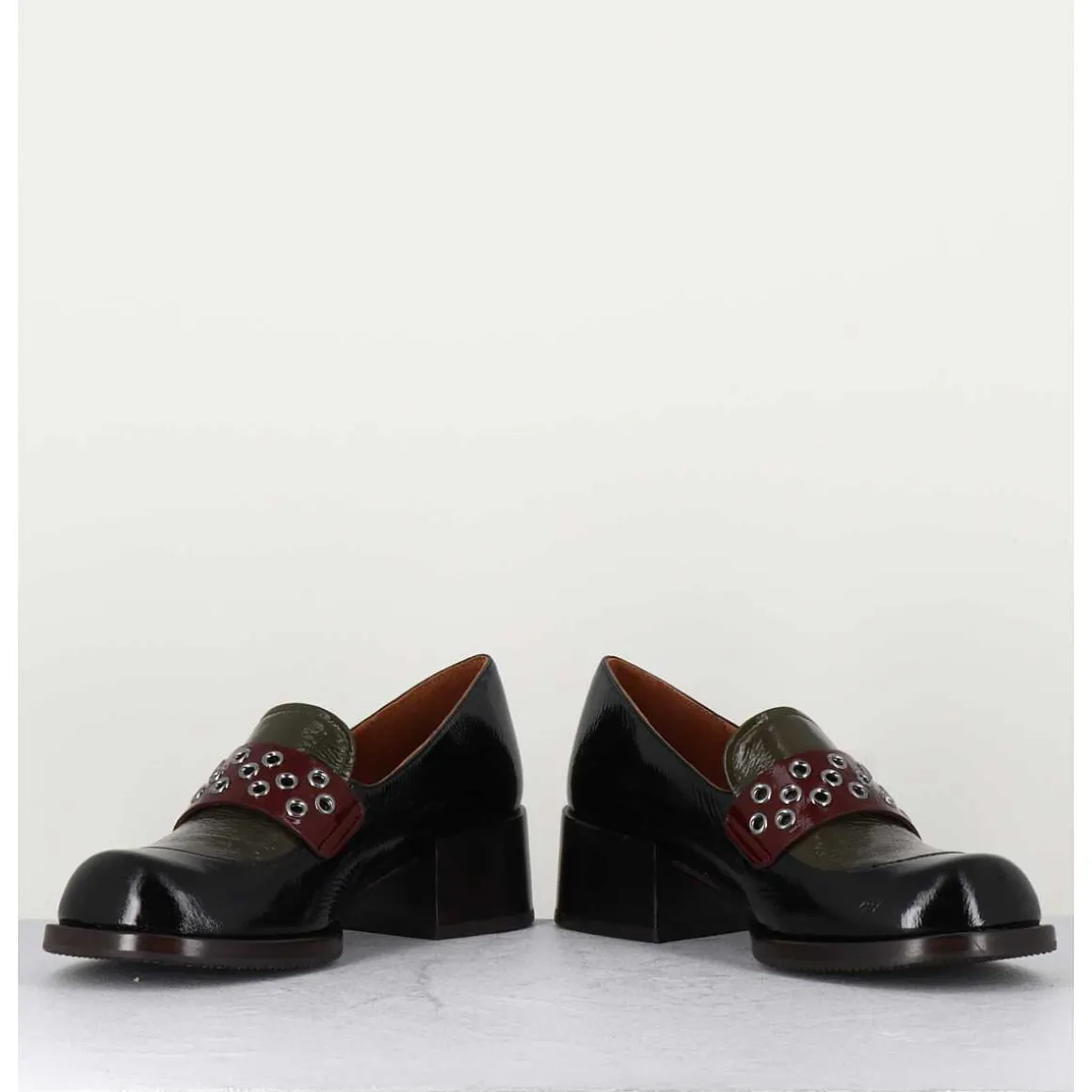 Mocassins Petit Talon Cuir Noir/Marron/Vert - Toben Negro Hunt