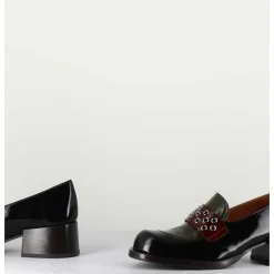 Mocassins Petit Talon Cuir Noir/Marron/Vert - Toben Negro Hunt