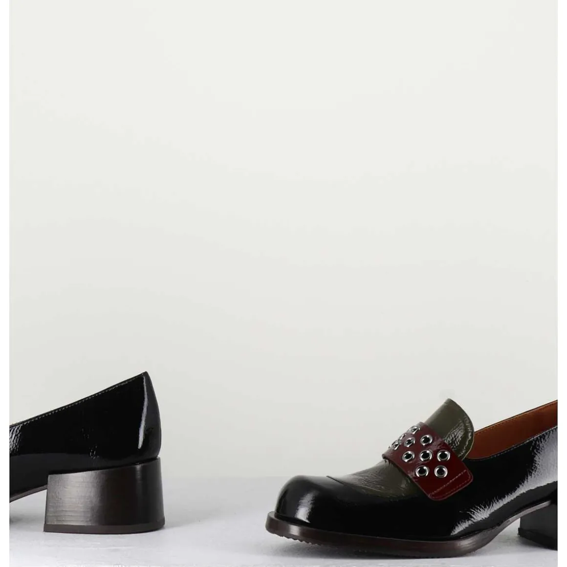 Mocassins Petit Talon Cuir Noir/Marron/Vert - Toben Negro Hunt