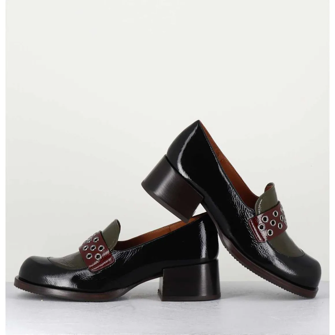 Mocassins Petit Talon Cuir Noir/Marron/Vert - Toben Negro Hunt