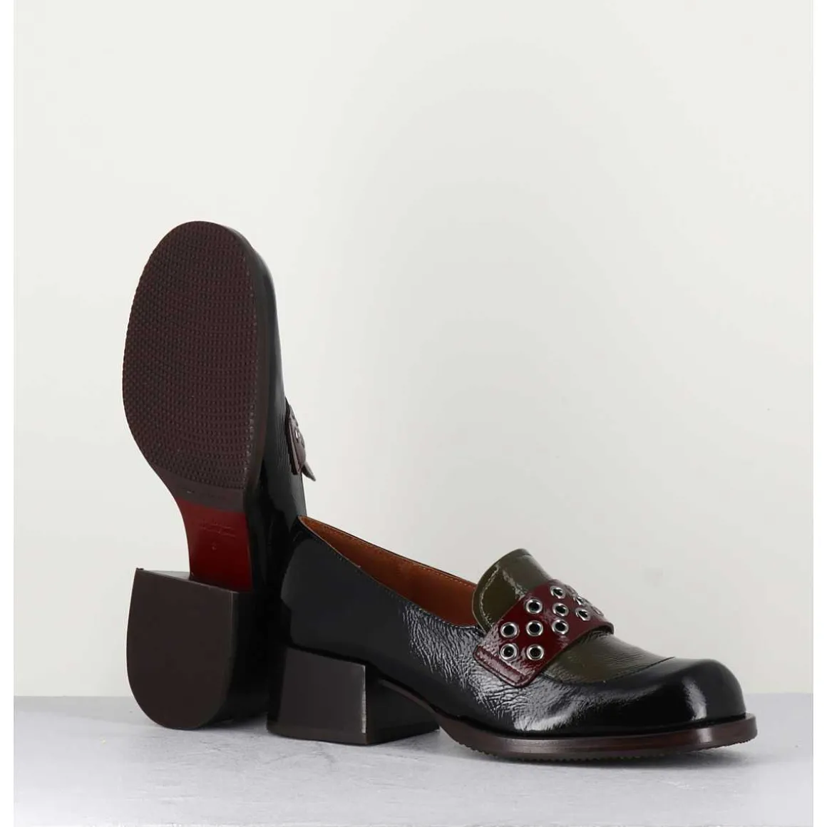 Mocassins Petit Talon Cuir Noir/Marron/Vert - Toben Negro Hunt