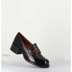 Mocassins Petit Talon Cuir Noir/Marron/Vert - Toben Negro Hunt