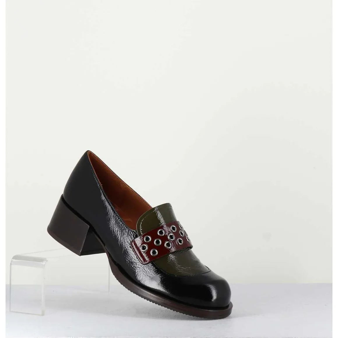 Mocassins Petit Talon Cuir Noir/Marron/Vert - Toben Negro Hunt