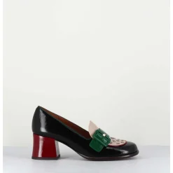 Mocassins Petit Talon En Cuir Vernis Noir & Boucle Verte - Memet Negro Sand