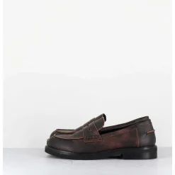 Mocassins Plats A Bout Rond En Cuir Cuir Effet Vintage Marron - Chino Soul Meringa