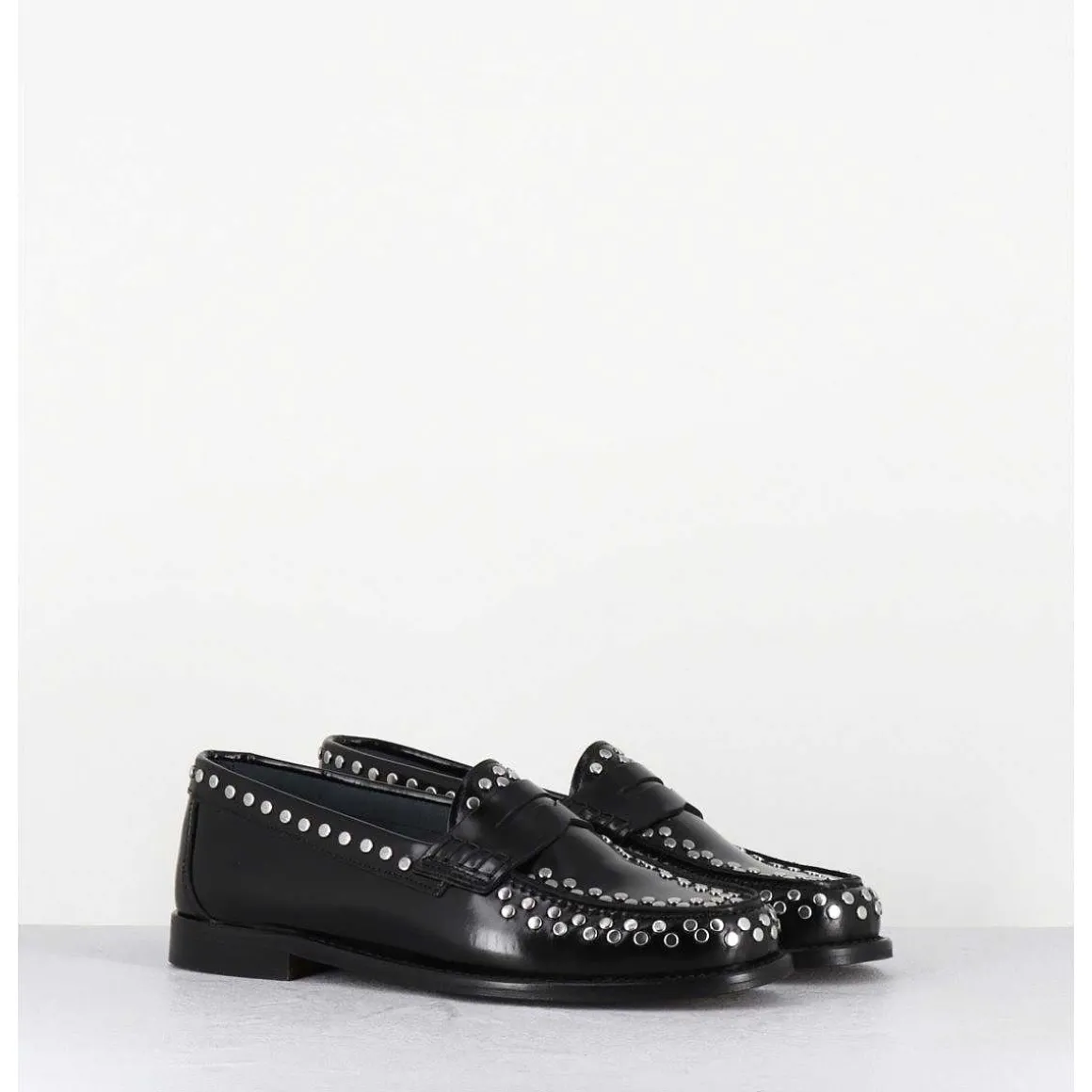 Mocassins Plats En Cuir Glace Noir & Rivets Argent - Tore Abra Nero