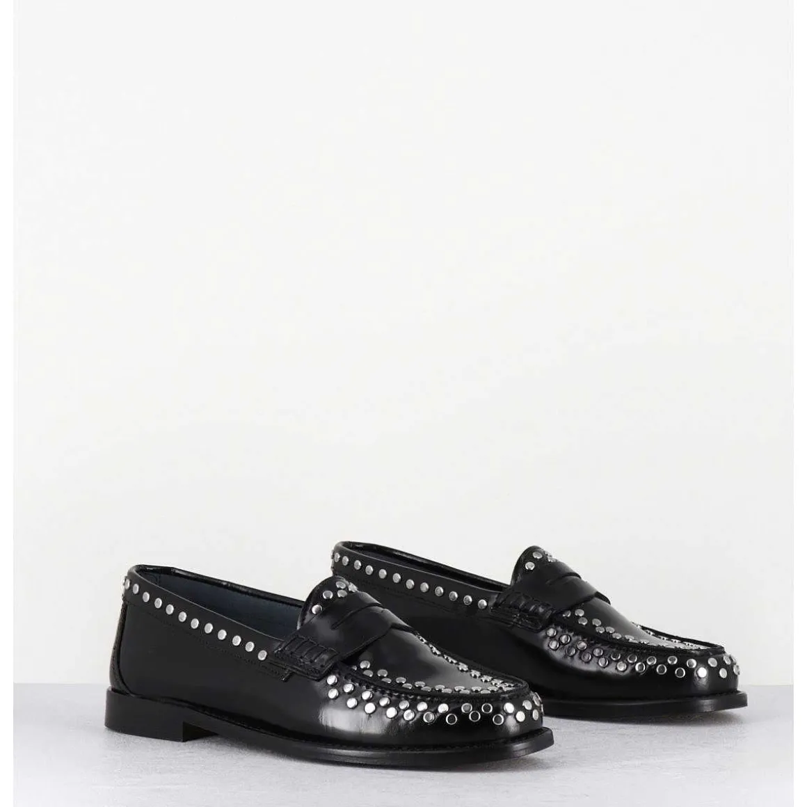 Mocassins Plats En Cuir Glace Noir & Rivets Argent - Tore Abra Nero