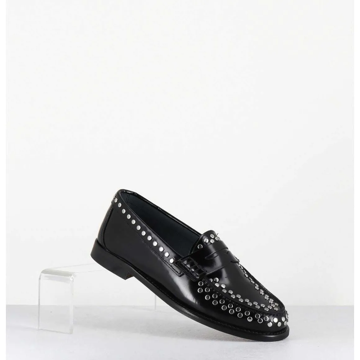 Mocassins Plats En Cuir Glace Noir & Rivets Argent - Tore Abra Nero