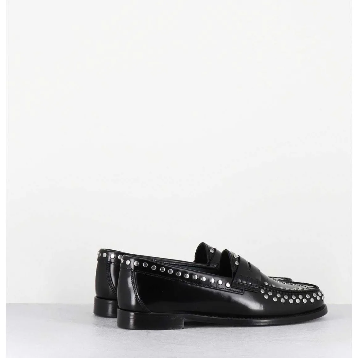 Mocassins Plats En Cuir Glace Noir & Rivets Argent - Tore Abra Nero