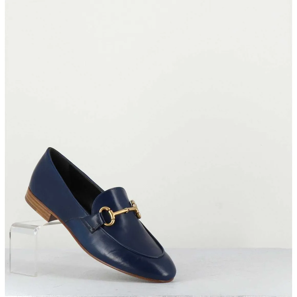 Mocassins Plats En Cuir Souple Bleu Marine & Mors Dore - N125 Marine
