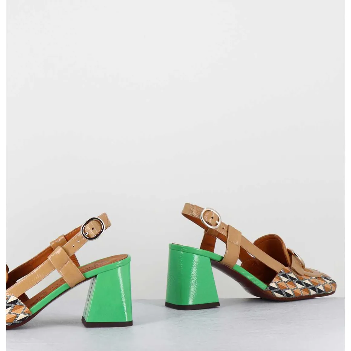 Mocassins Slingback Motif Retro Camel & Vert - Suyli Blues Cuero