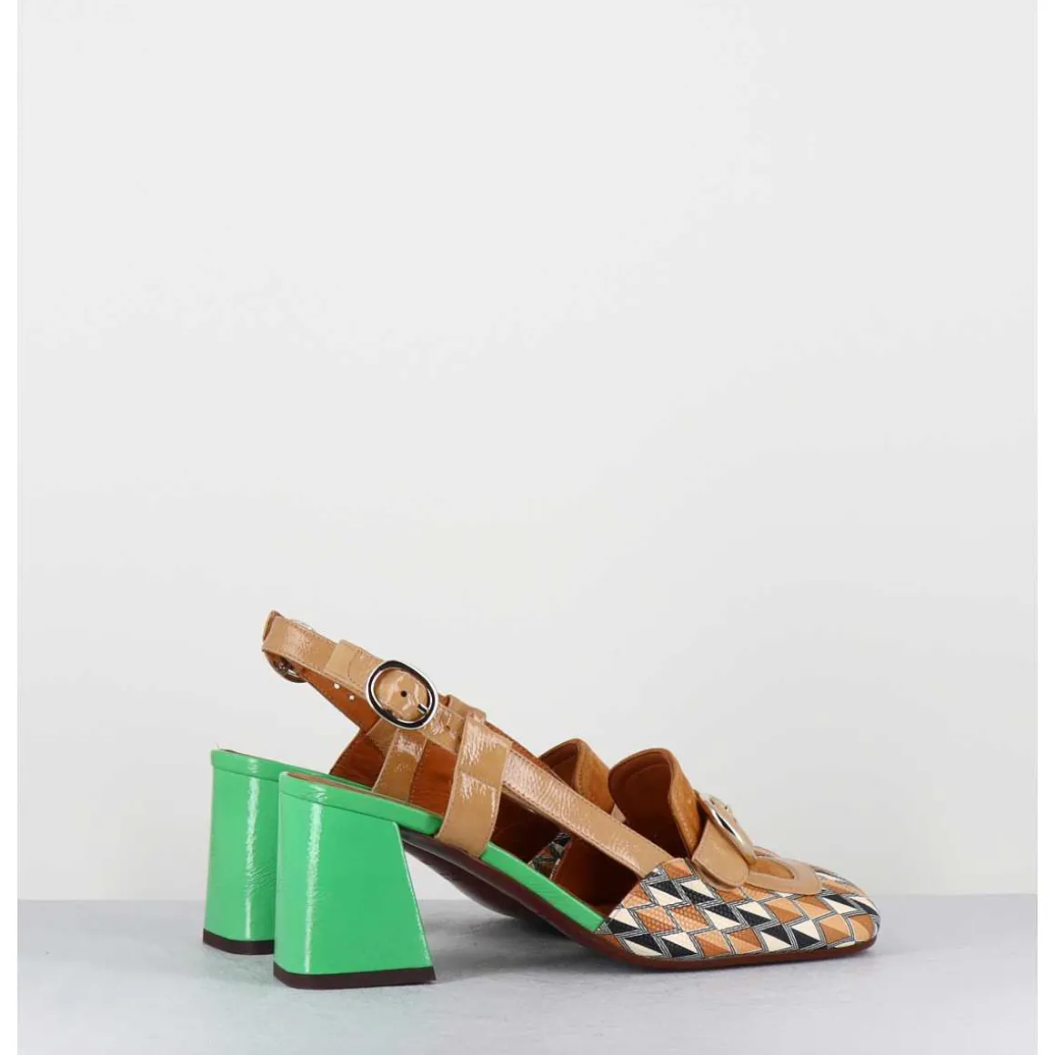 Mocassins Slingback Motif Retro Camel & Vert - Suyli Blues Cuero