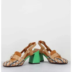 Mocassins Slingback Motif Retro Camel & Vert - Suyli Blues Cuero
