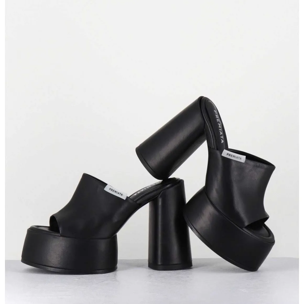 Mules A Plateforme & Talon Haut En Cuir Noir - M6494 Yukon Nero