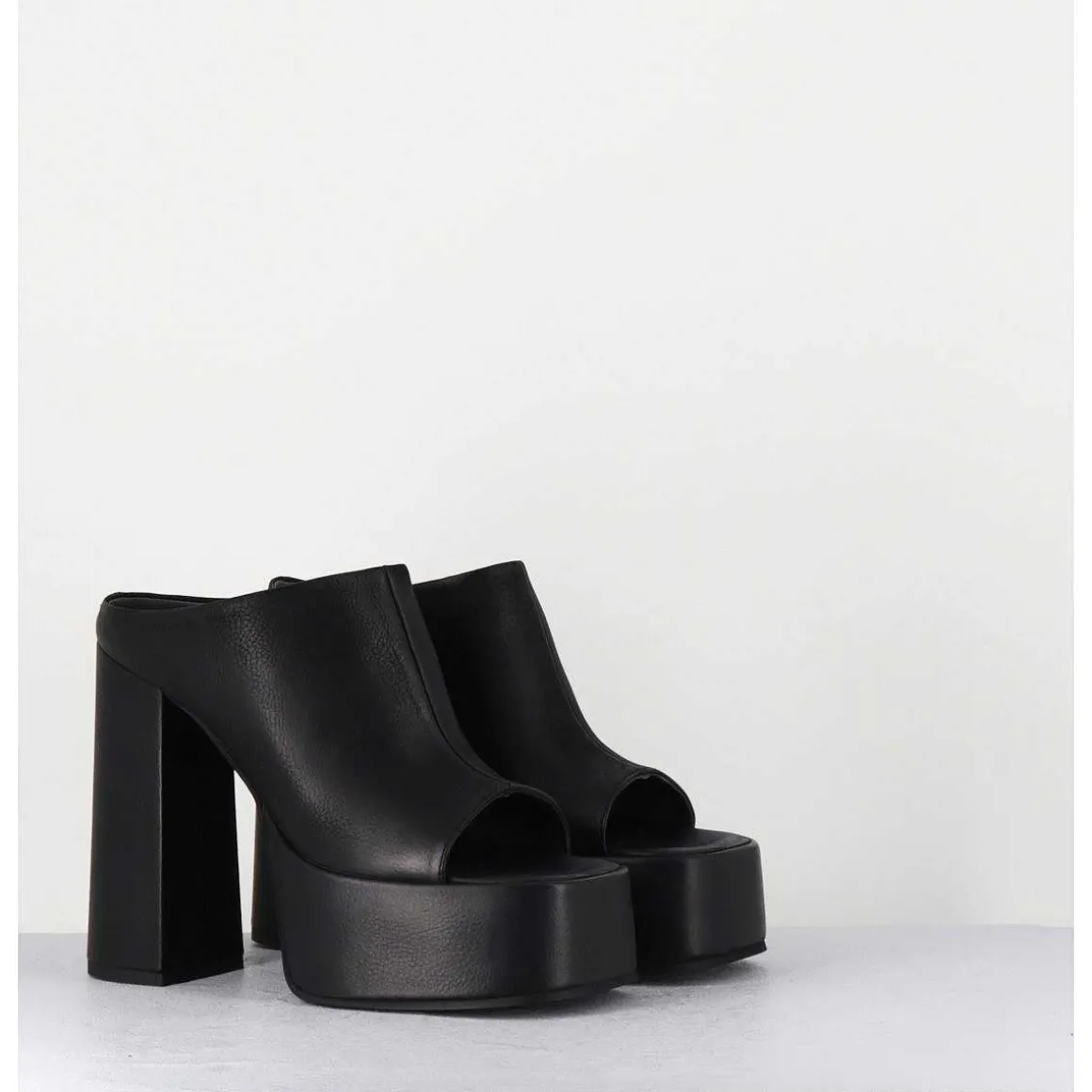 Mules A Plateforme Talon Haut En Cuir Gras Noir - 3765 Gas Nero