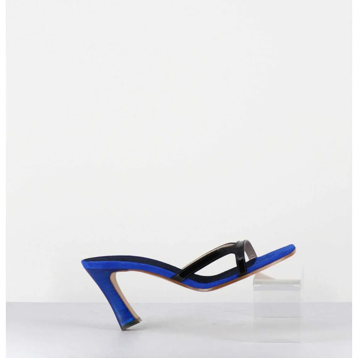 Mules A Talon 90S En Cuir Bleu & Noir - Mj1086 Suede Royal