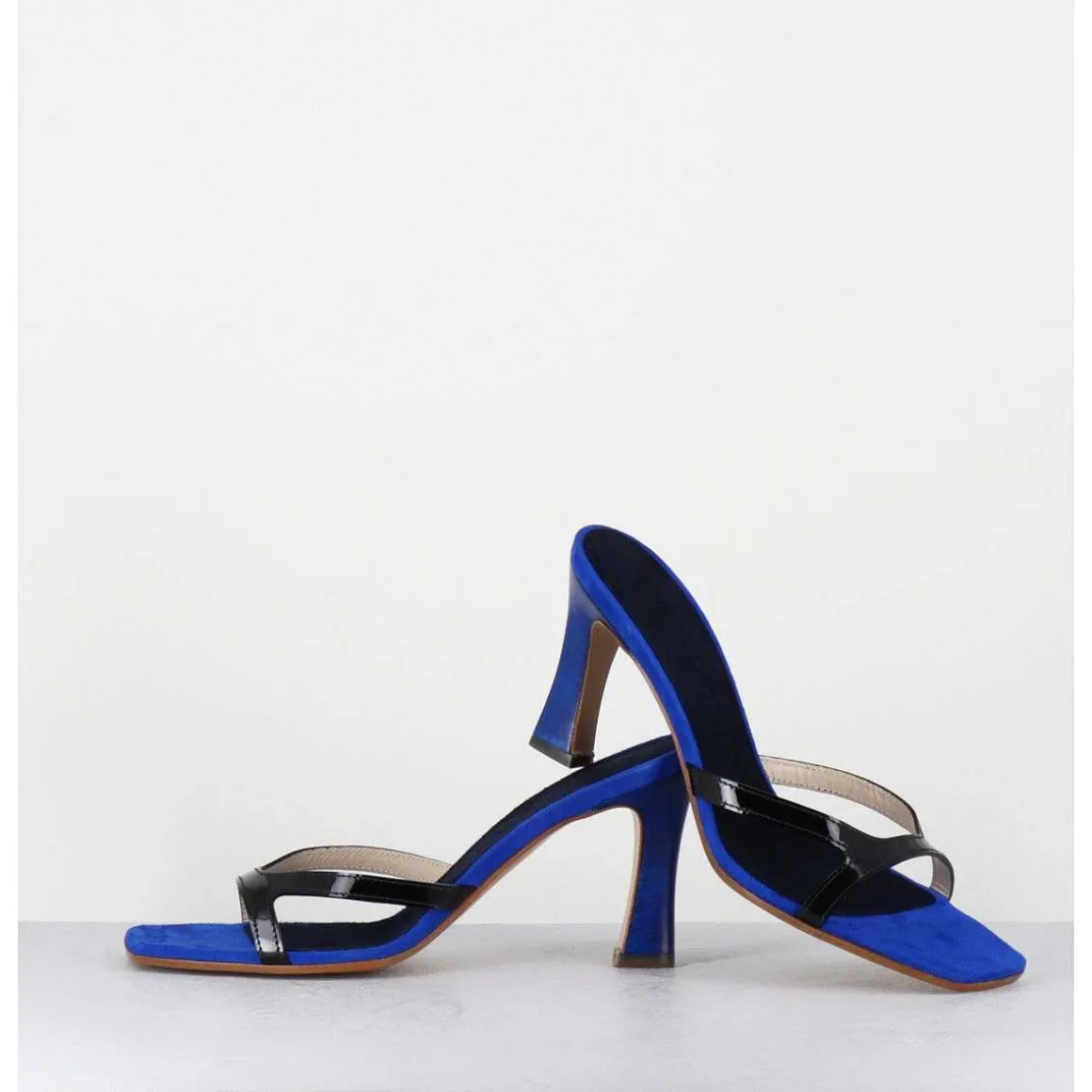 Mules A Talon 90S En Cuir Bleu & Noir - Mj1086 Suede Royal