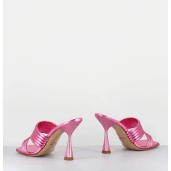 Mules Bout Carre Talon Haut Cuir Metallise Rose - Anne Laminato Ninfea