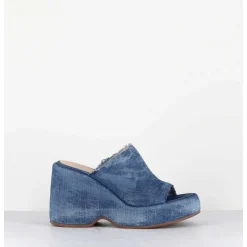 Mules Compensees 90S En Jean Bleu Lave - Masa3 Jeans Lavato